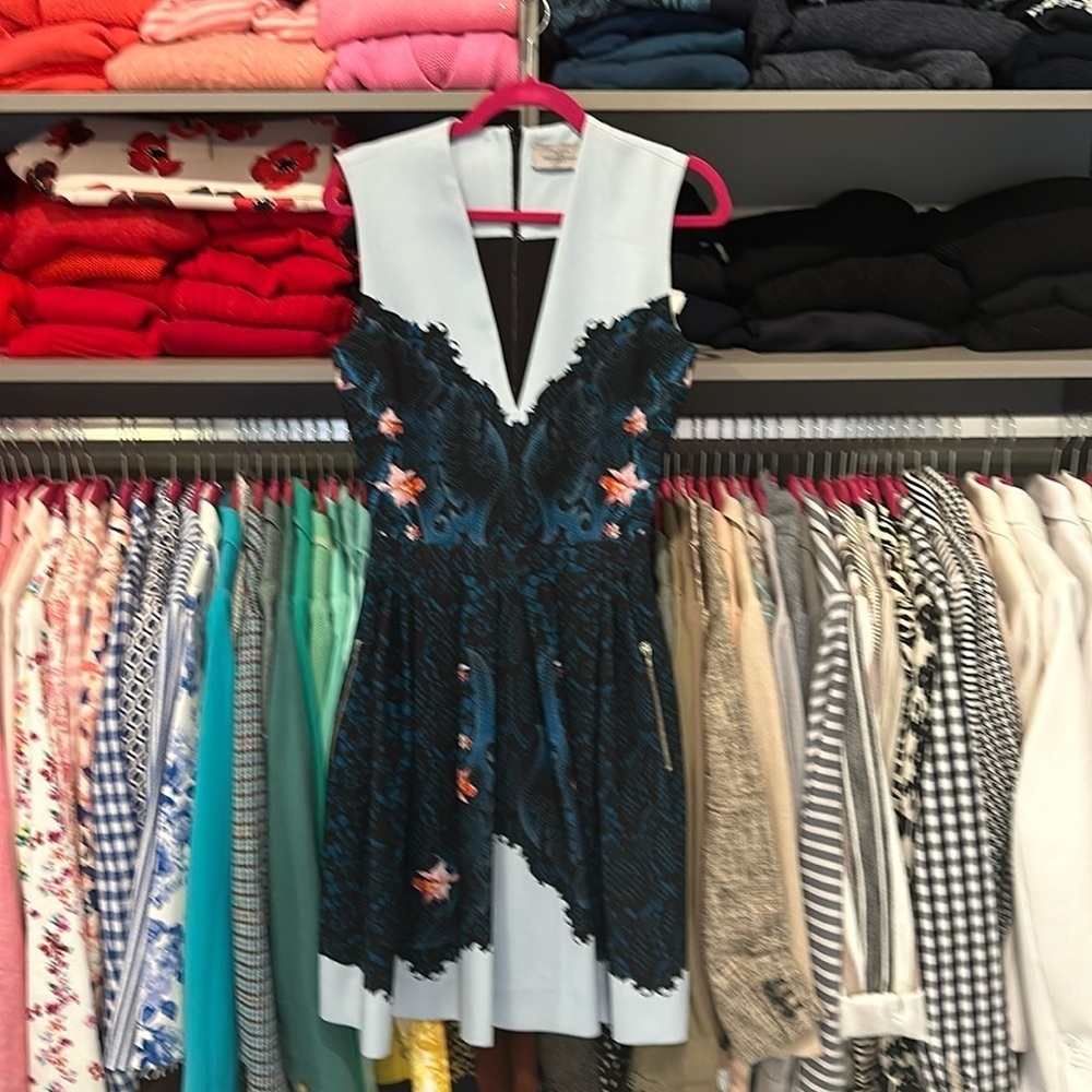 Preen by Thornton Bregazzi blue/black/pink print v neck sleeveless dress size 4